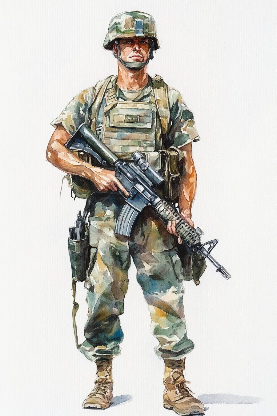 Soldado masculino militar em uniforme camuflado com fuzil ilustração aquarela