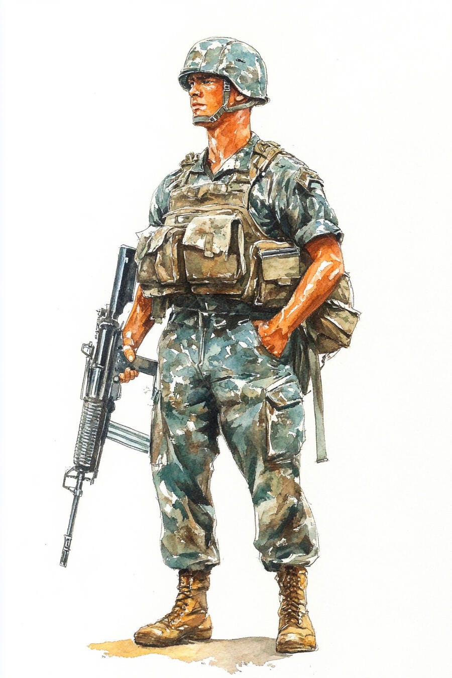 Soldado homem em uniforme militar camuflado com fuzil ilustração aquarela