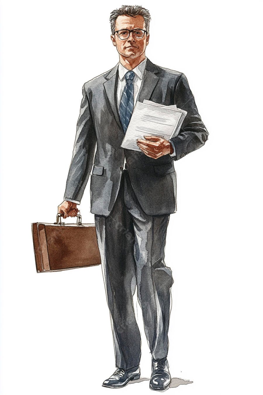 Homem advogado de terno cinza com maleta e papéis ilustração aquarela