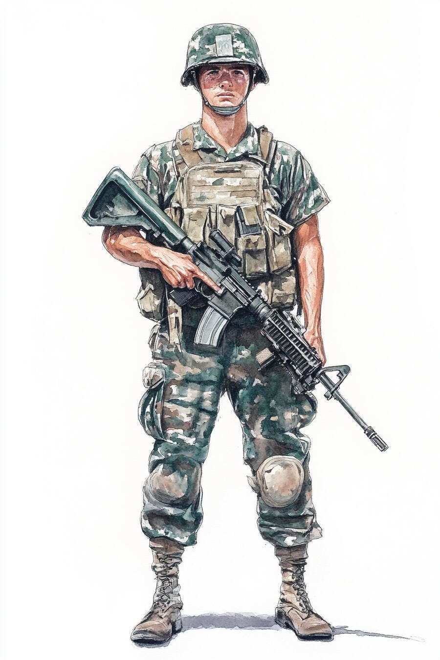Soldado masculino em uniforme camuflado com fuzil pronto