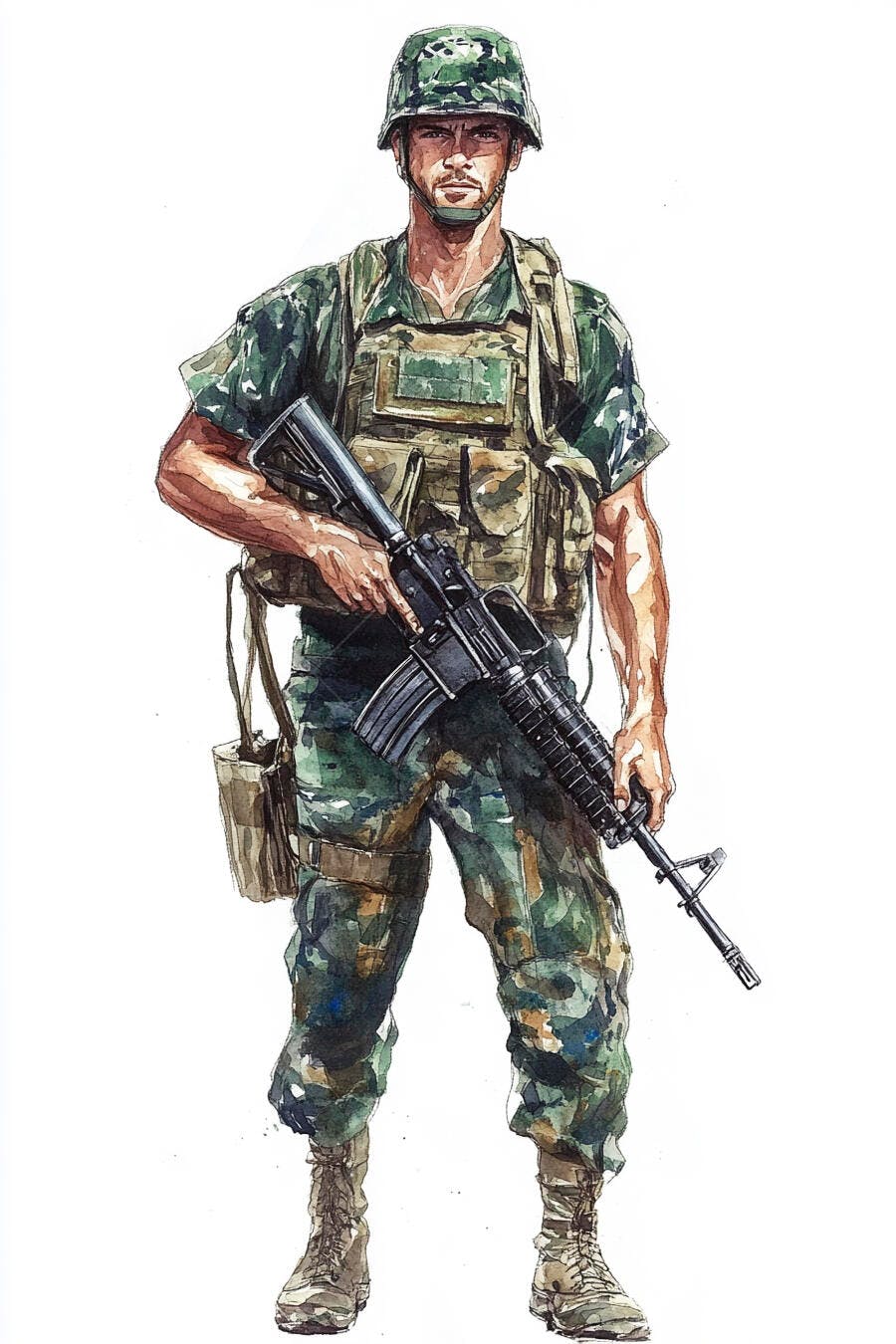 Soldado militar caucasiano em uniforme camuflado verde com capacete e rifle ilustração