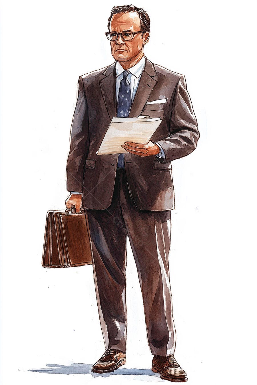 Homem de terno marrom com pasta e prancheta ilustração aquarela profissional