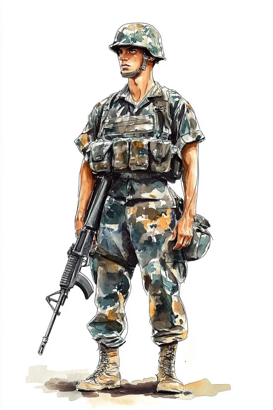 Soldado asiático de uniforme camuflado verde e marrom com fuzil