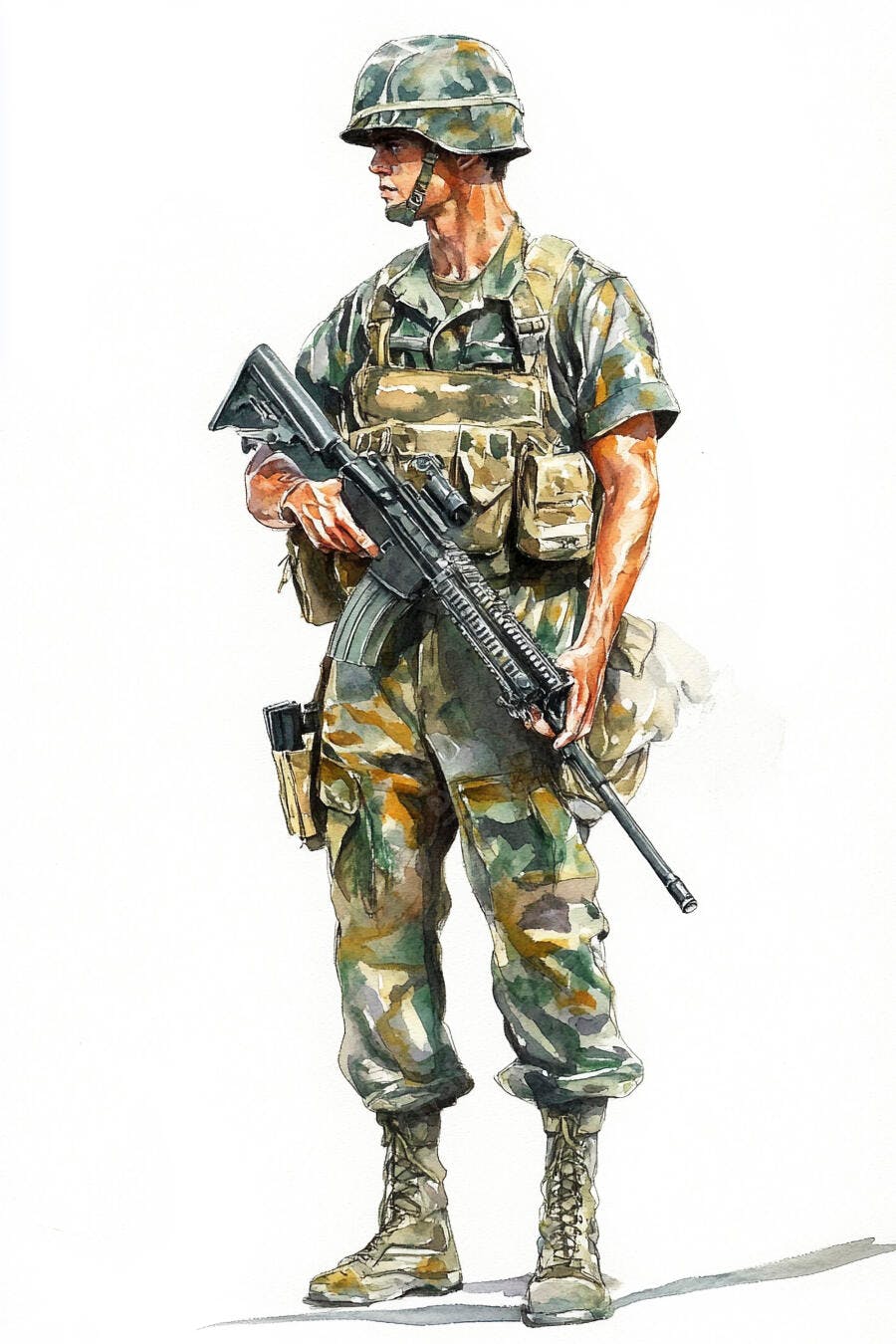 Soldado caucasiano em uniforme camuflado segurando fuzil aguardando