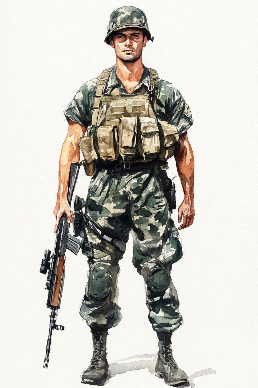 Soldado em uniforme camuflado verde com capacete e rifle em aquarela
