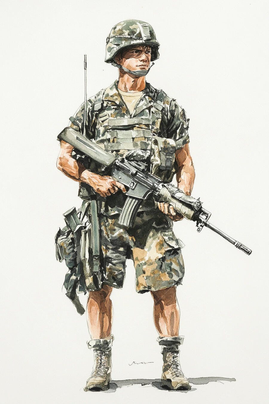 Soldado militar caucasiano de uniforme camuflado com fuzil em aquarela