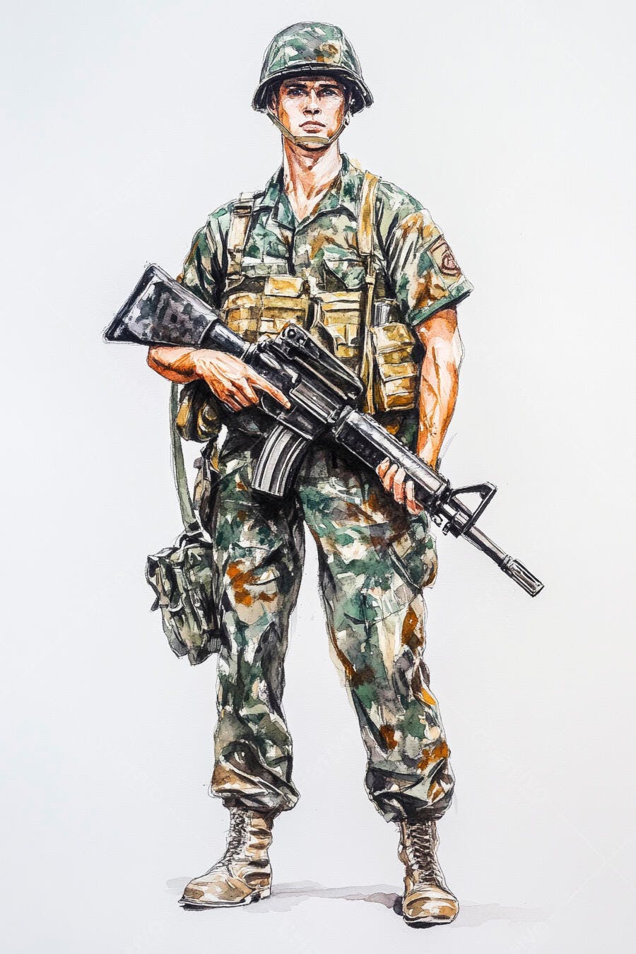 Soldado homem em uniforme camuflado segurando fuzil ilustração aquarela