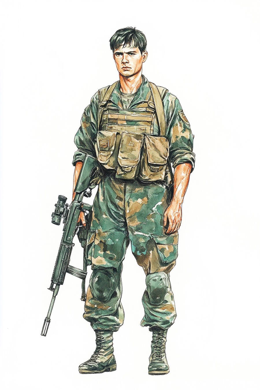 Jovem soldado asiático em uniforme camuflado segurando rifle