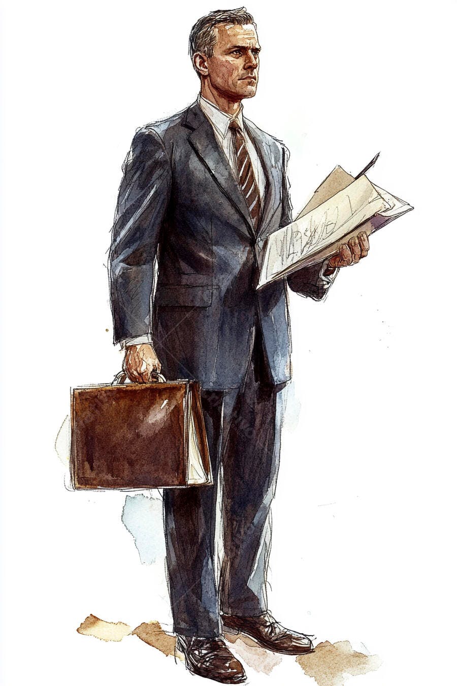 Profissional homem caucasiano terno azul maleta documentos aquarela sério