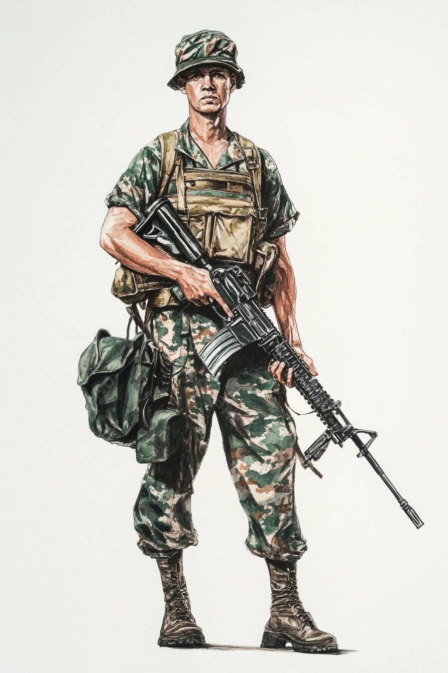 Soldado em uniforme camuflado segurando rifle com expressão séria