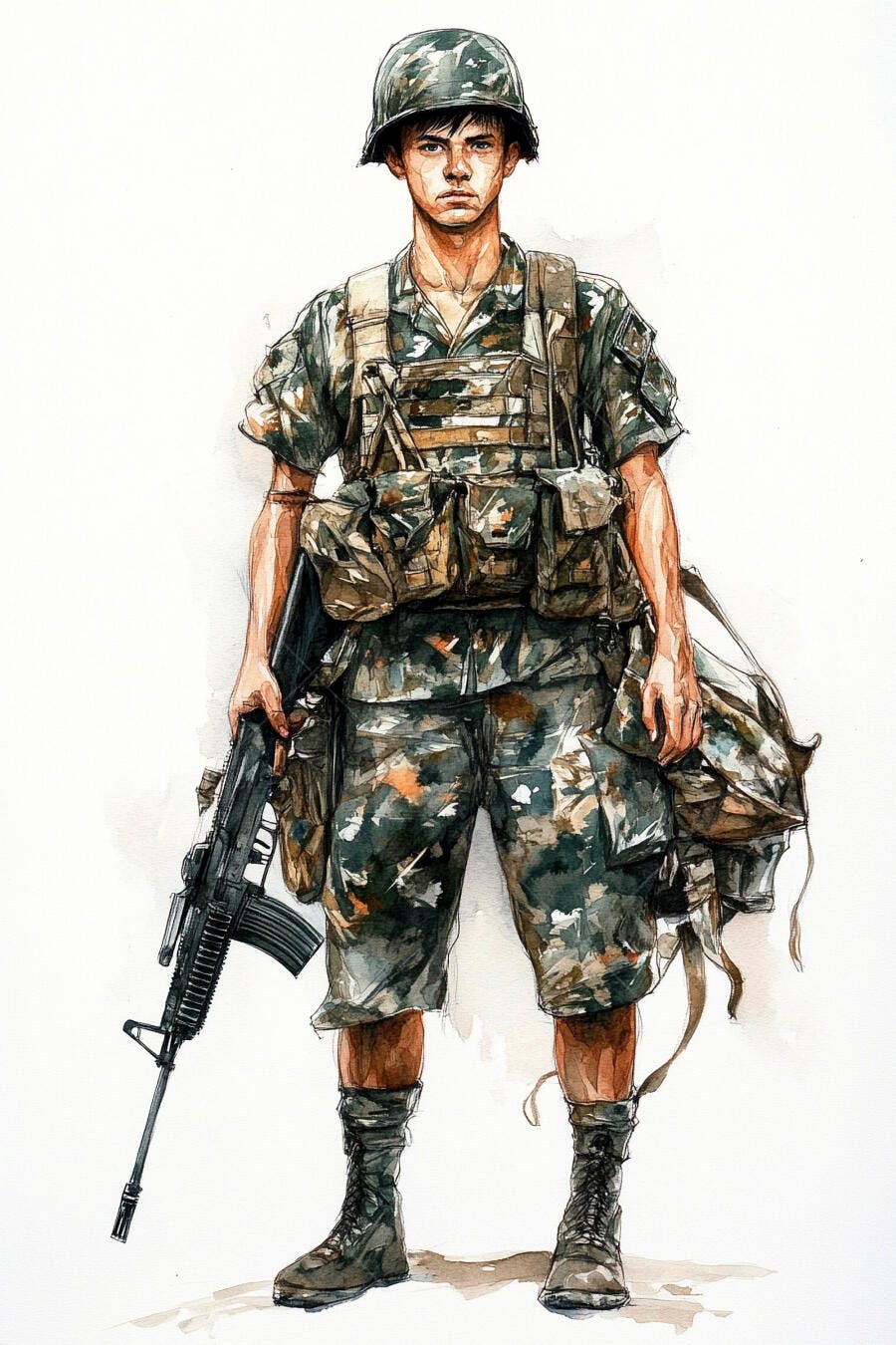 Ilustração de jovem soldado asiático em uniforme camuflado verde com fuzil