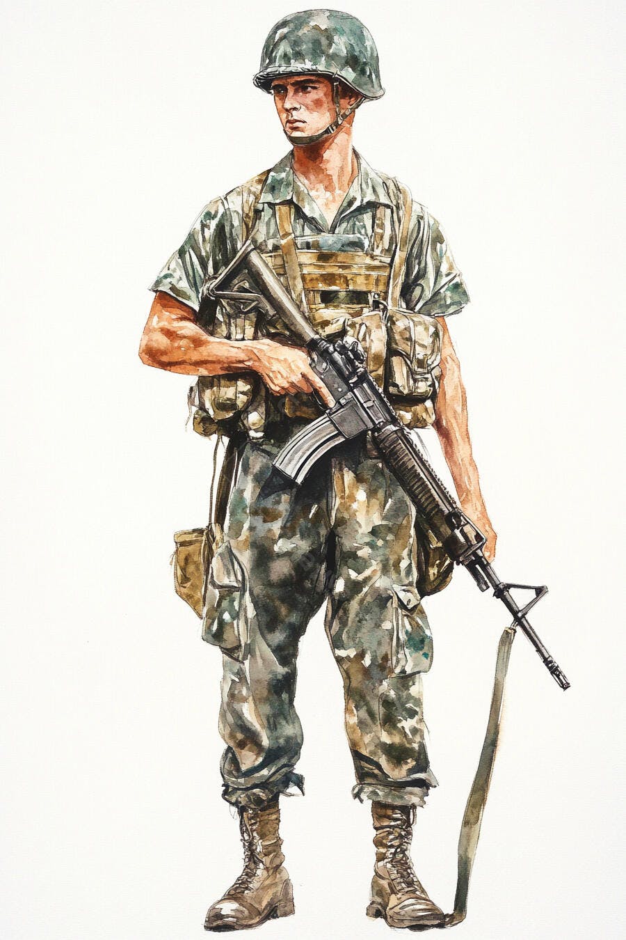 Soldado caucasiano jovem em uniforme camuflado segurando fuzil ilustração aquarela