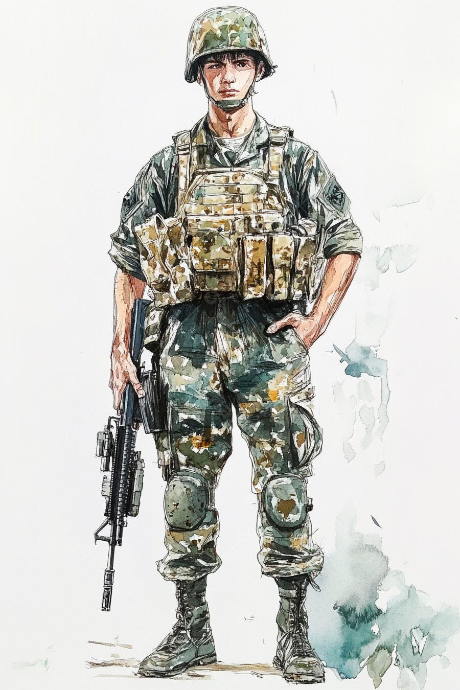 Jovem soldado com uniforme camuflado e fuzil em ilustração aquarela
