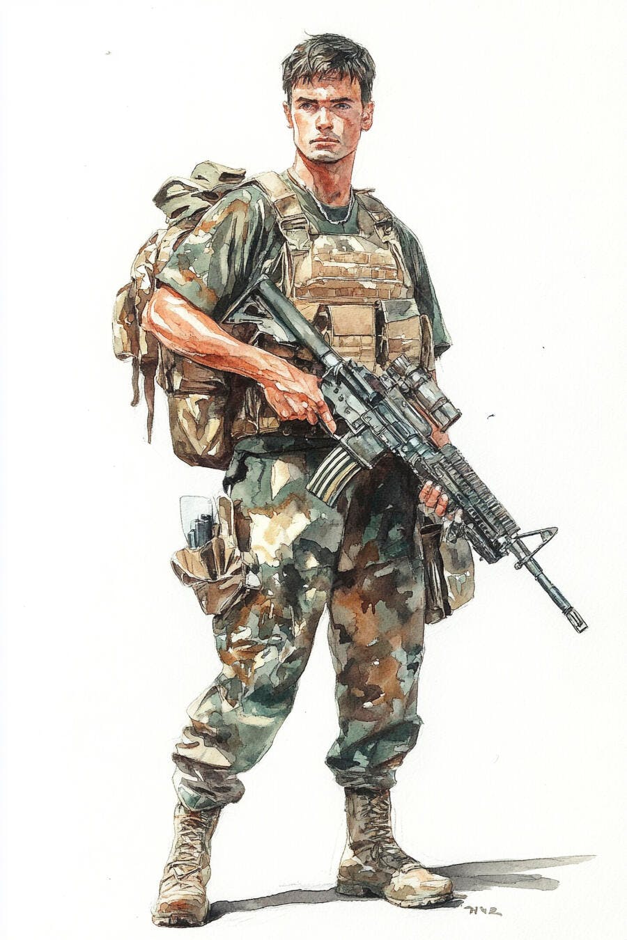 Militar masculino de uniforme camuflado com fuzil em aquarela
