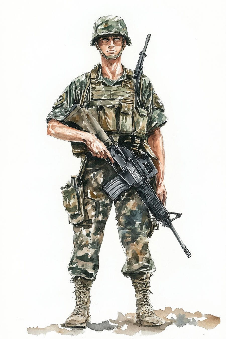 Soldado homem jovem em uniforme camuflado segurando rifle ilustração aquarela