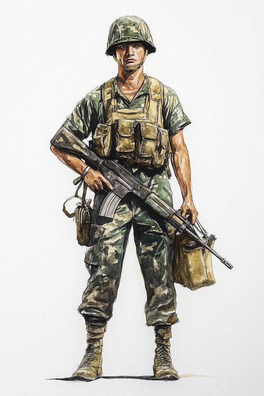 Soldado asiático em uniforme camuflado com fuzil e capacete