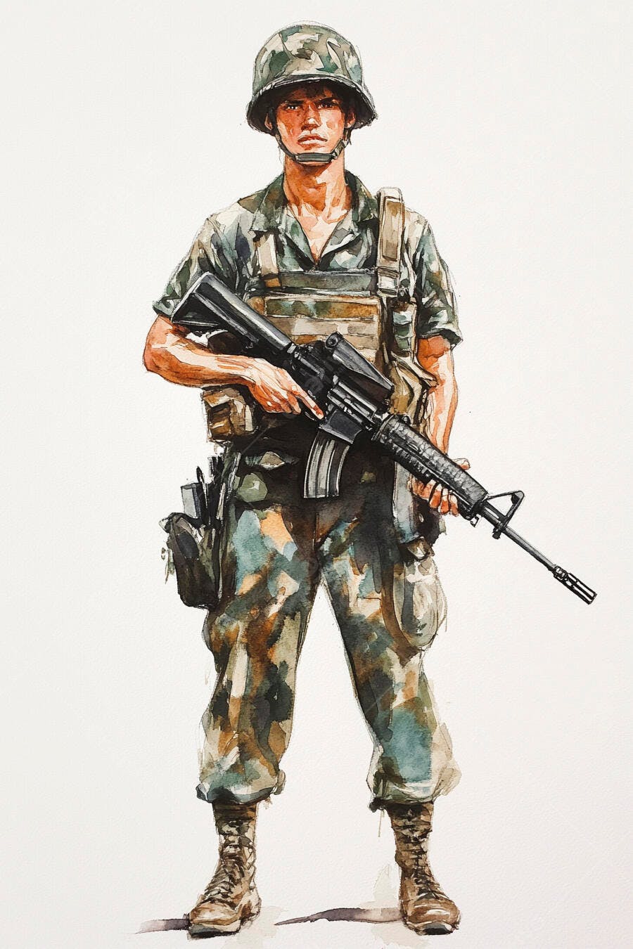 Soldado militar jovem com uniforme camuflado e rifle em aquarela
