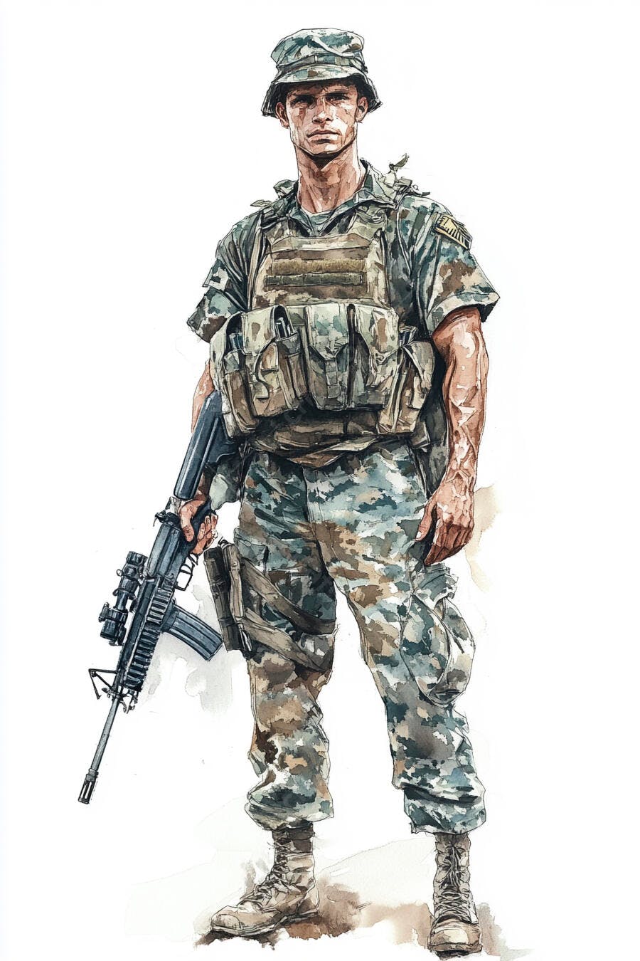 Soldado militar caucasiano em uniforme camuflado com fuzil de assalto