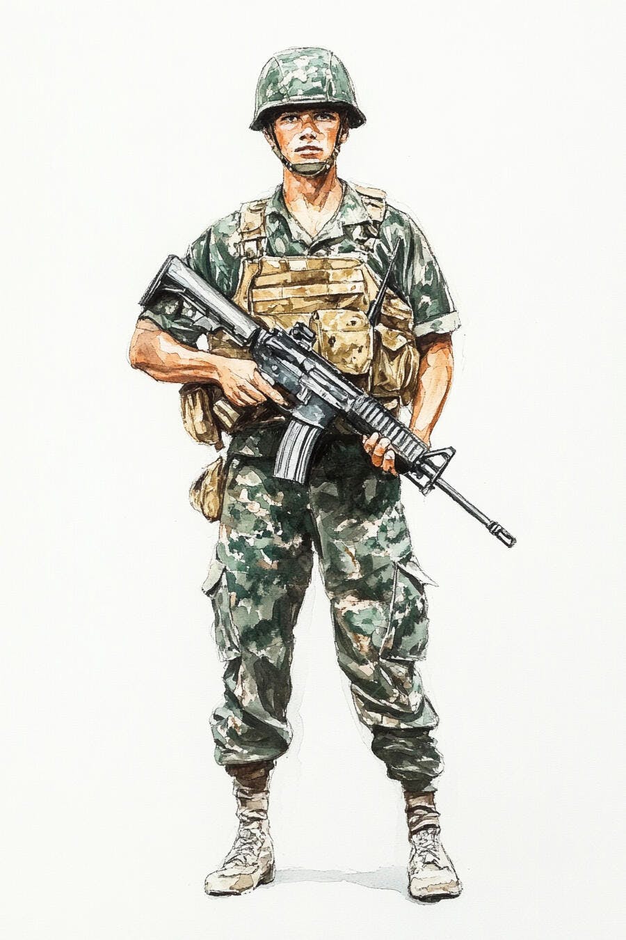 Soldado asiático em uniforme camuflado com capacete e fuzil de assalto
