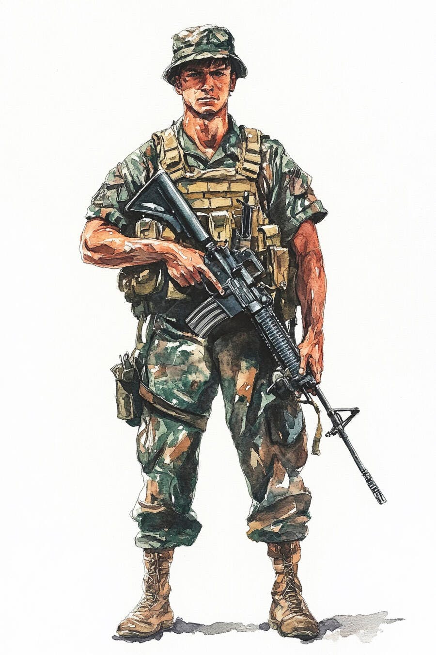 Soldado em uniforme camuflado com fuzil em aquarela