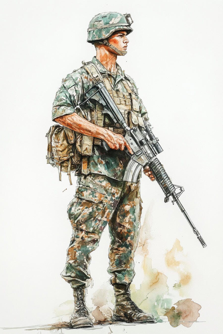 Soldado militar com farda camuflada e rifle em aquarela