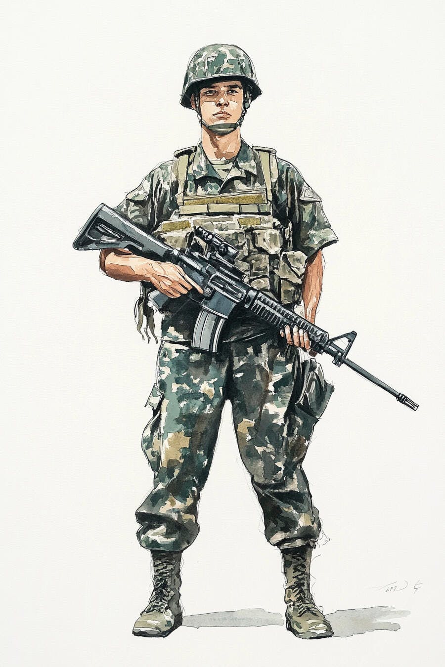 Soldado asiático em uniforme camuflado com fuzil pronto