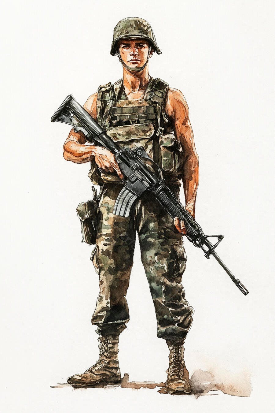 Soldado americano em uniforme camuflado segurando fuzil ilustração aquarela