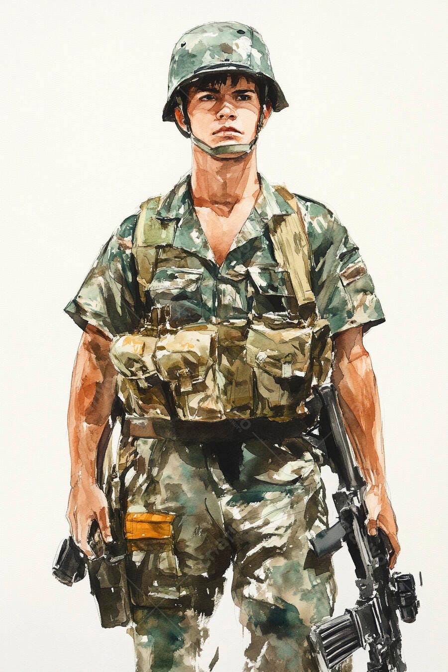 Soldado asiático em uniforme camuflado com armas ilustração