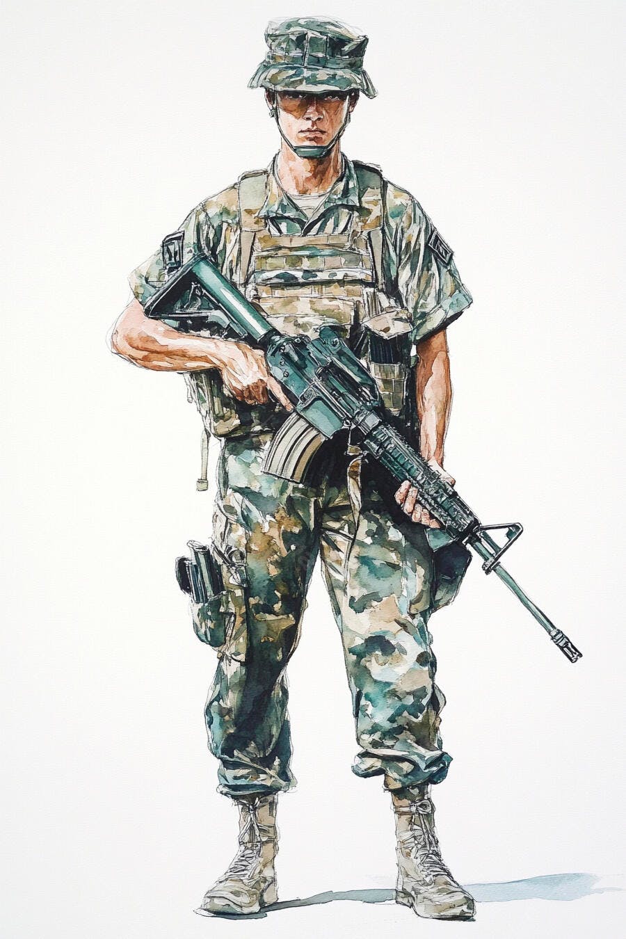 Militar homem asiático com fuzil em uniforme camuflado verde marrom ilustração