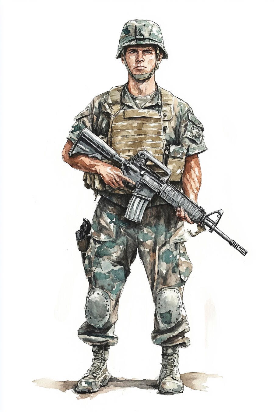 Soldado em uniforme camuflado com fuzil ilustração militar homem caucasiano