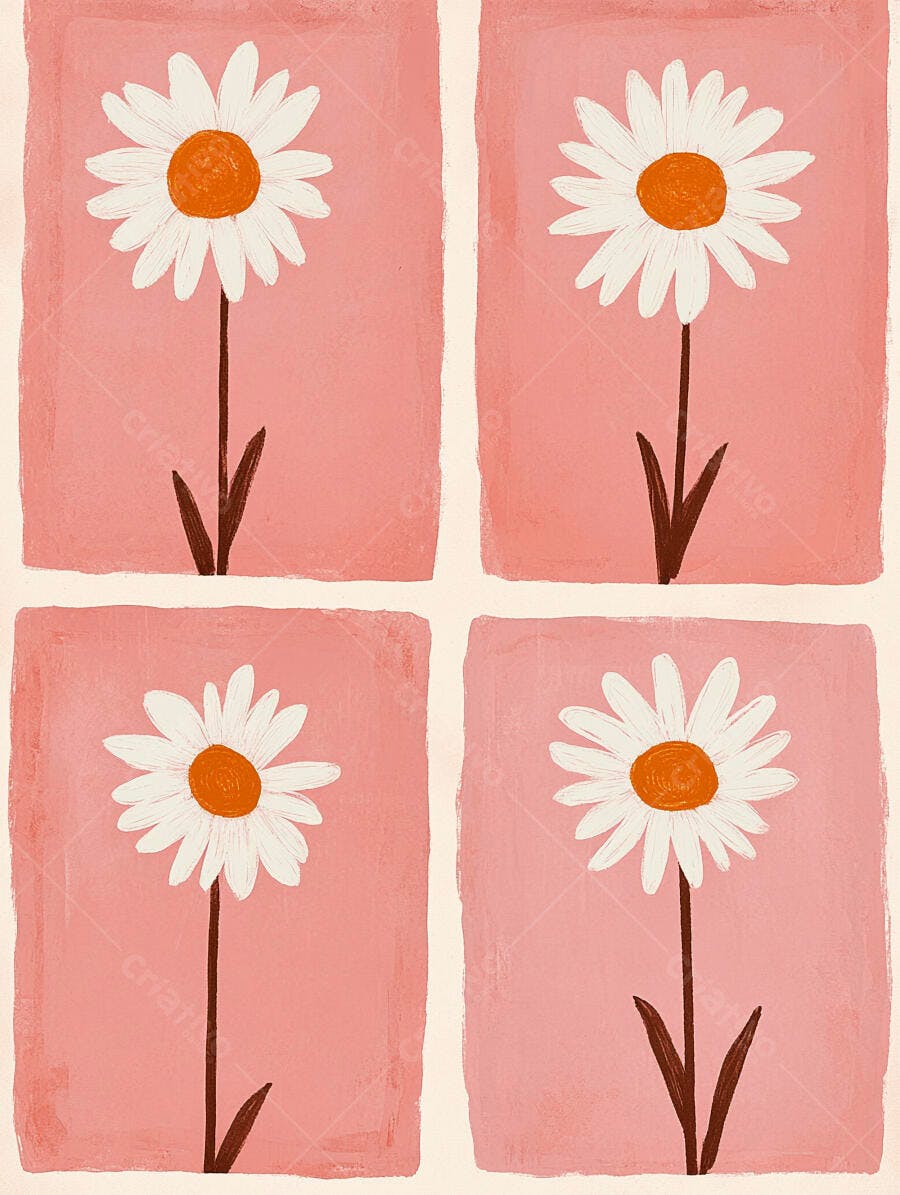 Quatro margaridas brancas e laranjas ilustradas em fundo rosa e bege