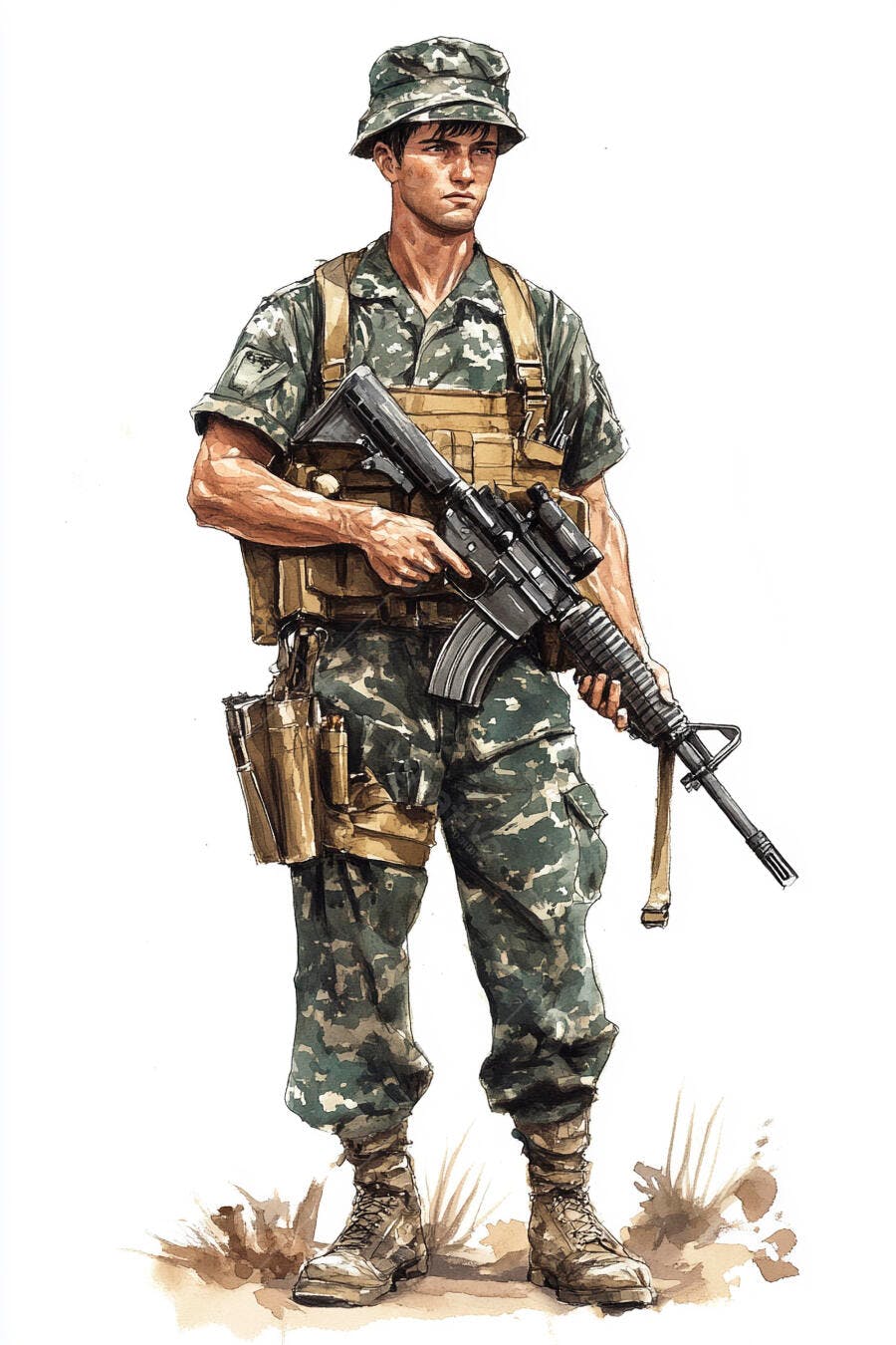 Soldado militar caucasiano em uniforme de camuflagem segurando fuzil