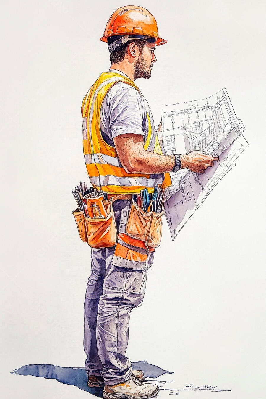Homem construtor com capacete laranja e colete lendo planta de projeto