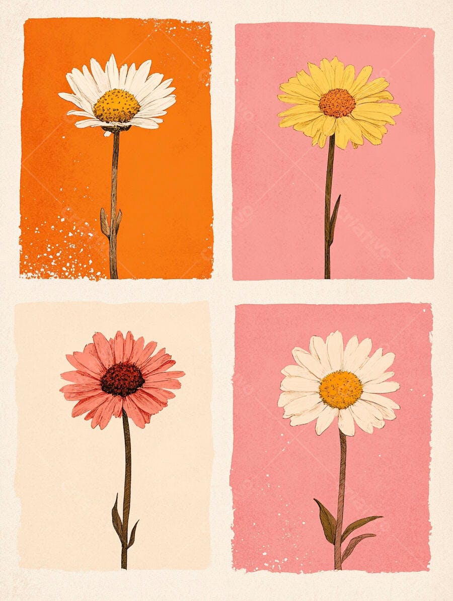 Flores margaridas coloridas em estilo vintage pastel laranja e rosa