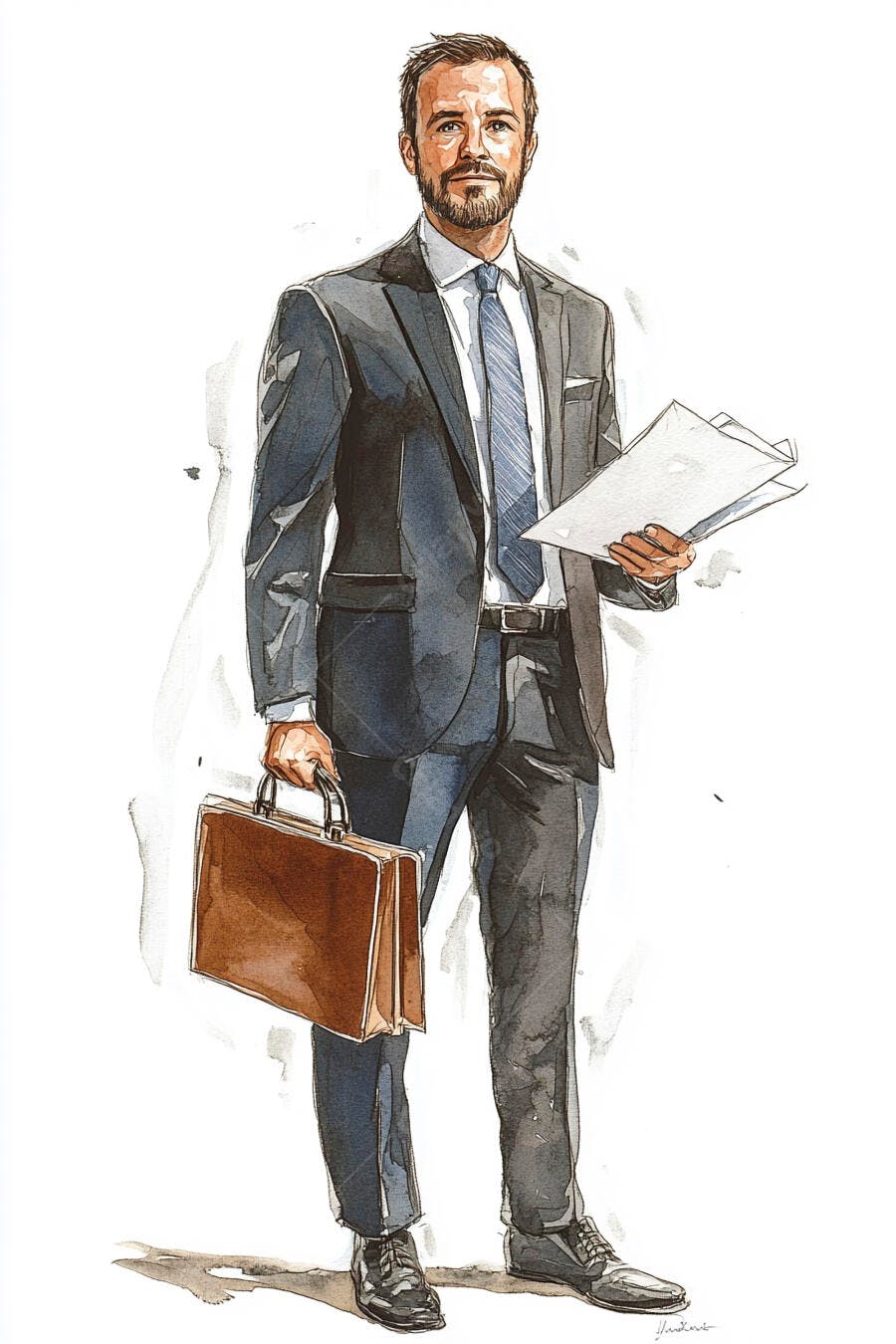 Homem caucasiano de terno segurando pasta e documentos ilustração aquarela
