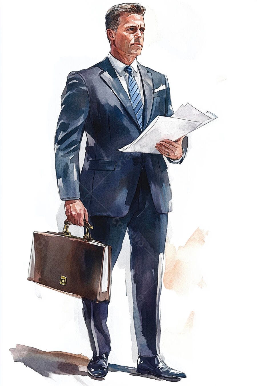 Homem executivo de terno azul-marinho com maleta e documentos em aquarela