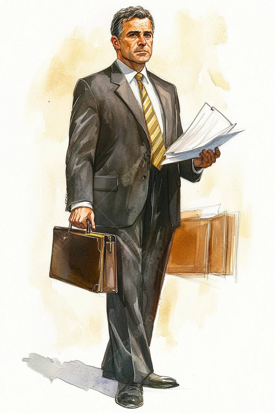 Homem executivo caucasiano em terno escuro com maleta ilustração aquarela