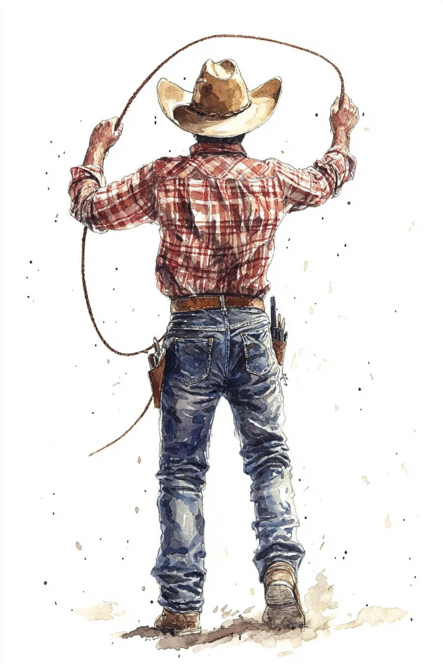 Cowboy com chapéu e camisa xadrez segurando laço em aquarela
