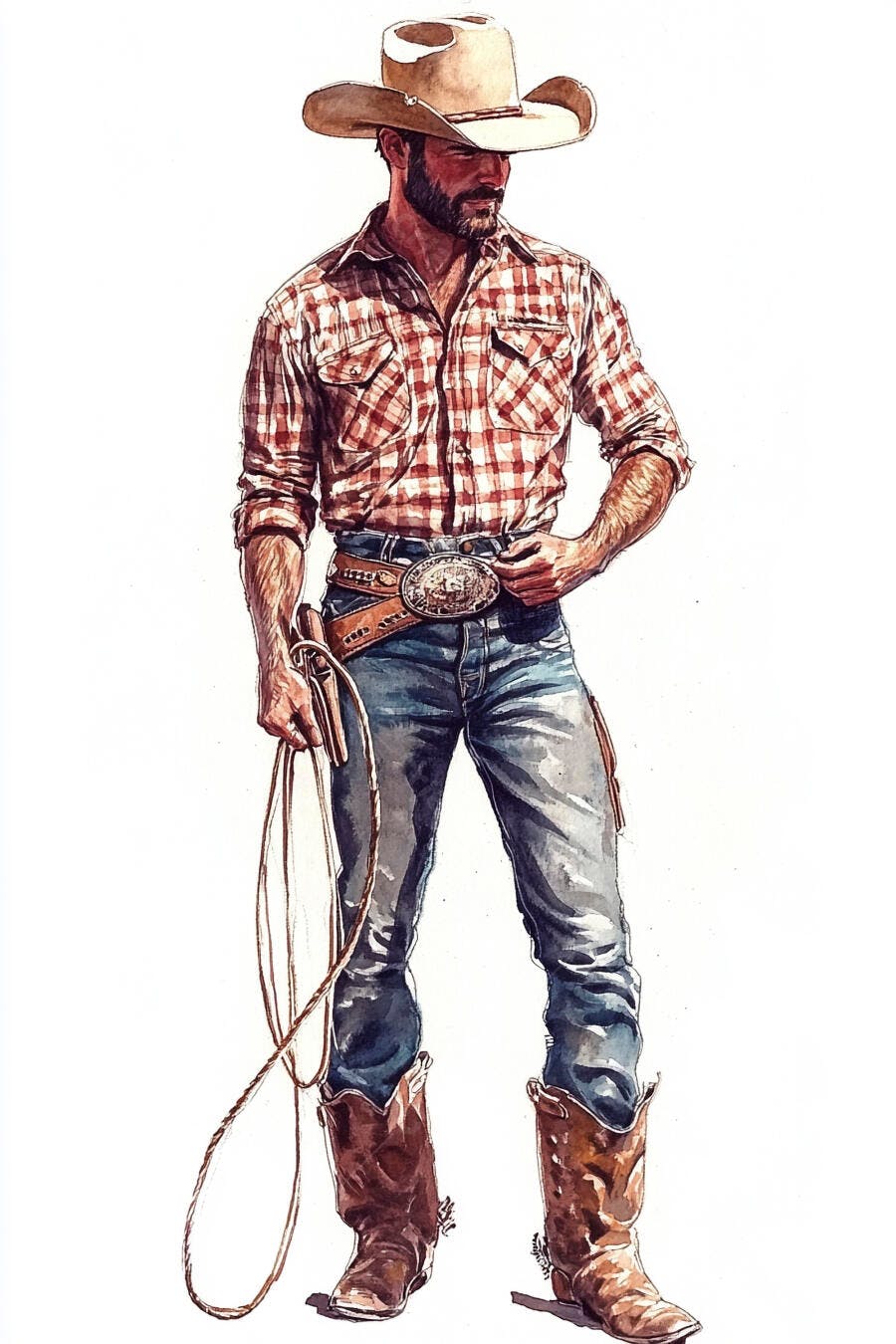 Homem cowboy barbudo com camisa xadrez e laço estilo aquarela