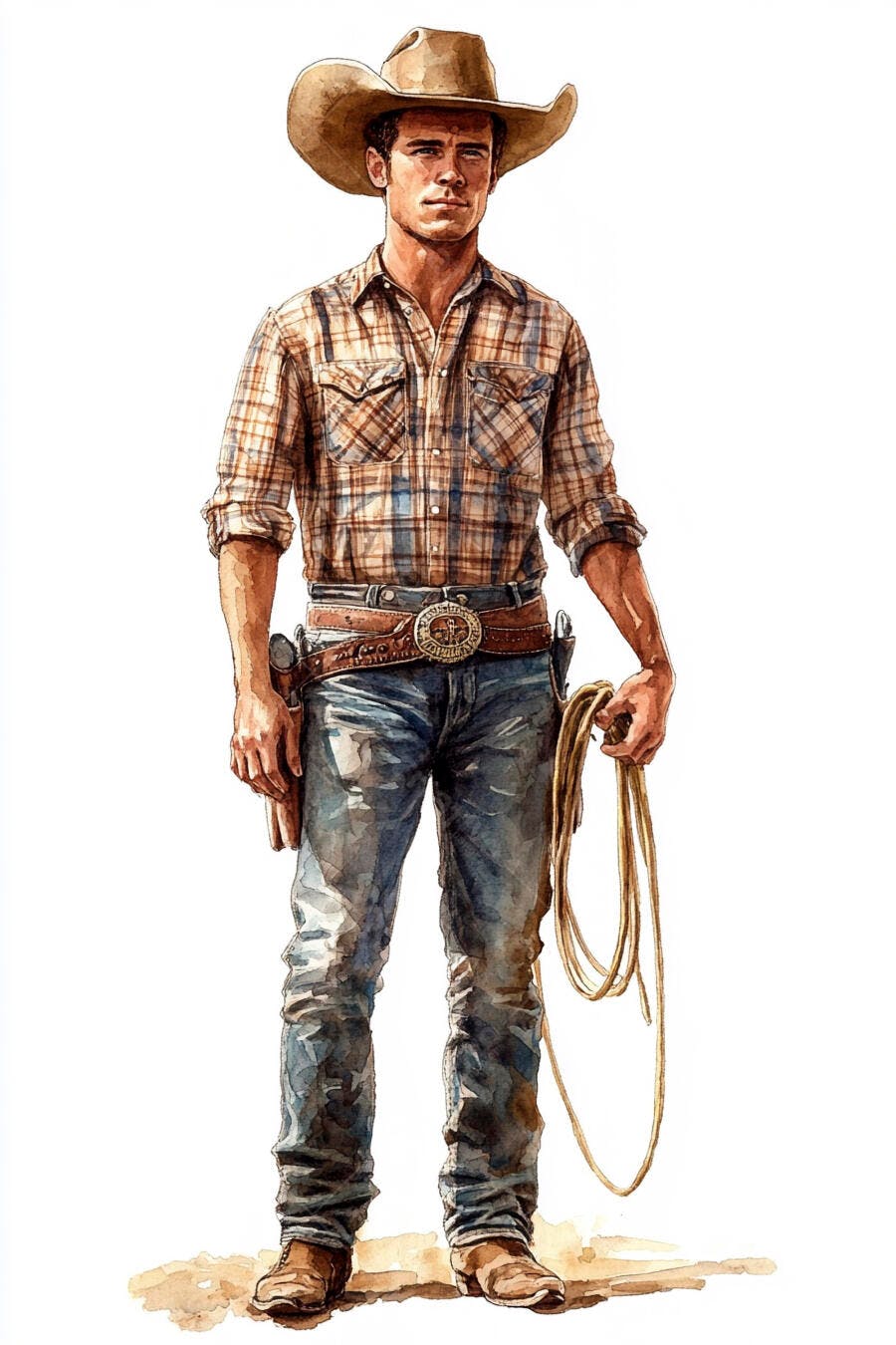 Cowboy robusto com chapéu, camisa xadrez e laço em arte aquarela