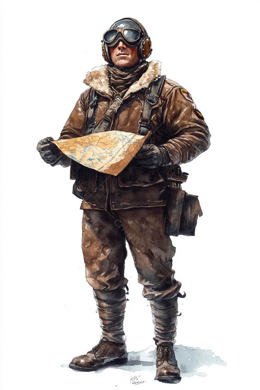 Aviador vintage com jaqueta de couro e óculos segurando um mapa