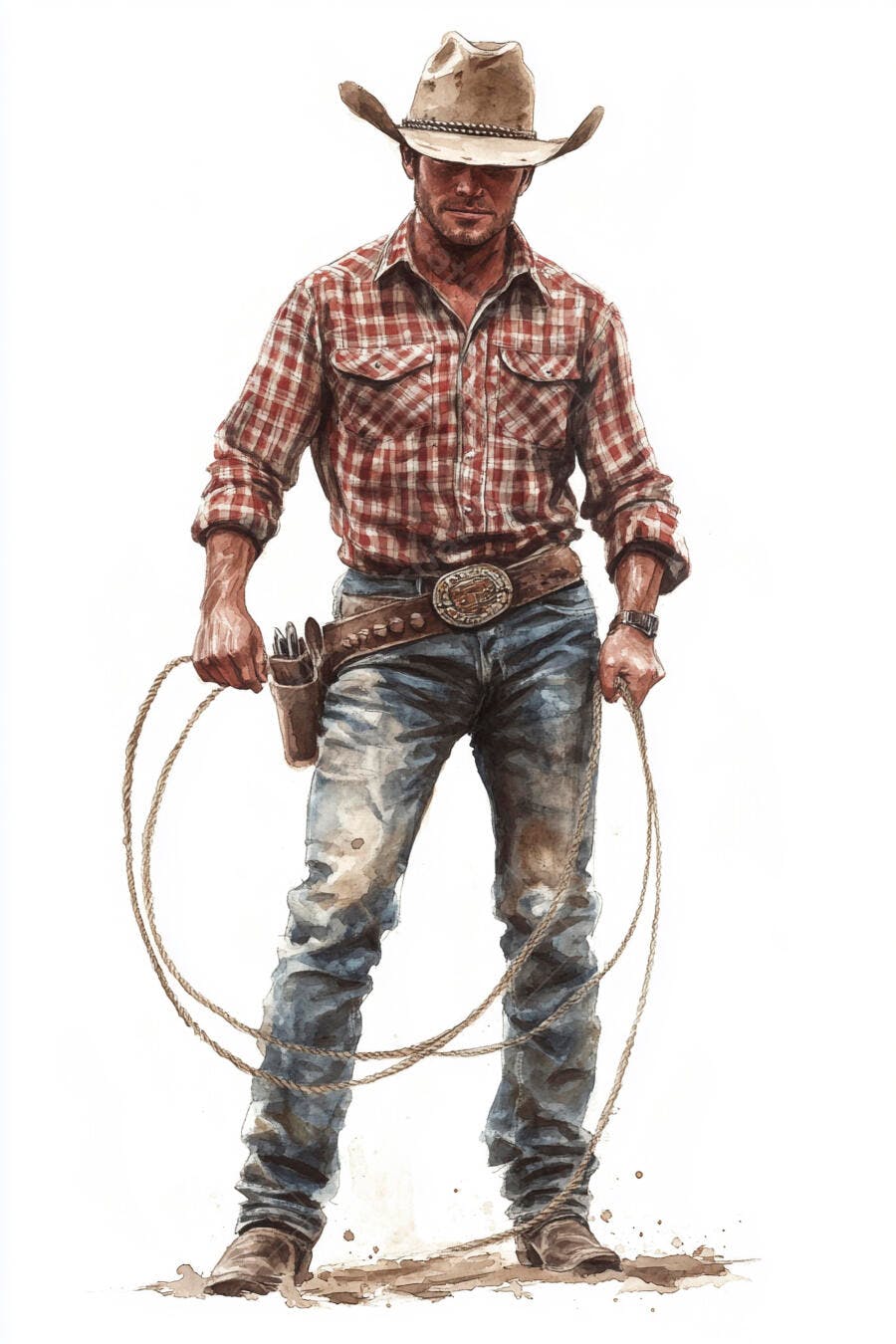 Cowboy caucasiano de camisa xadrez e chapéu segurando laço em fundo branco