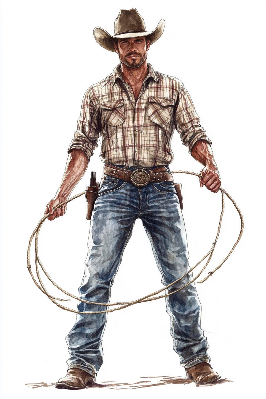 Cowboy robusto homem caucasiano com chapéu marrom, camisa xadrez e laço pronto