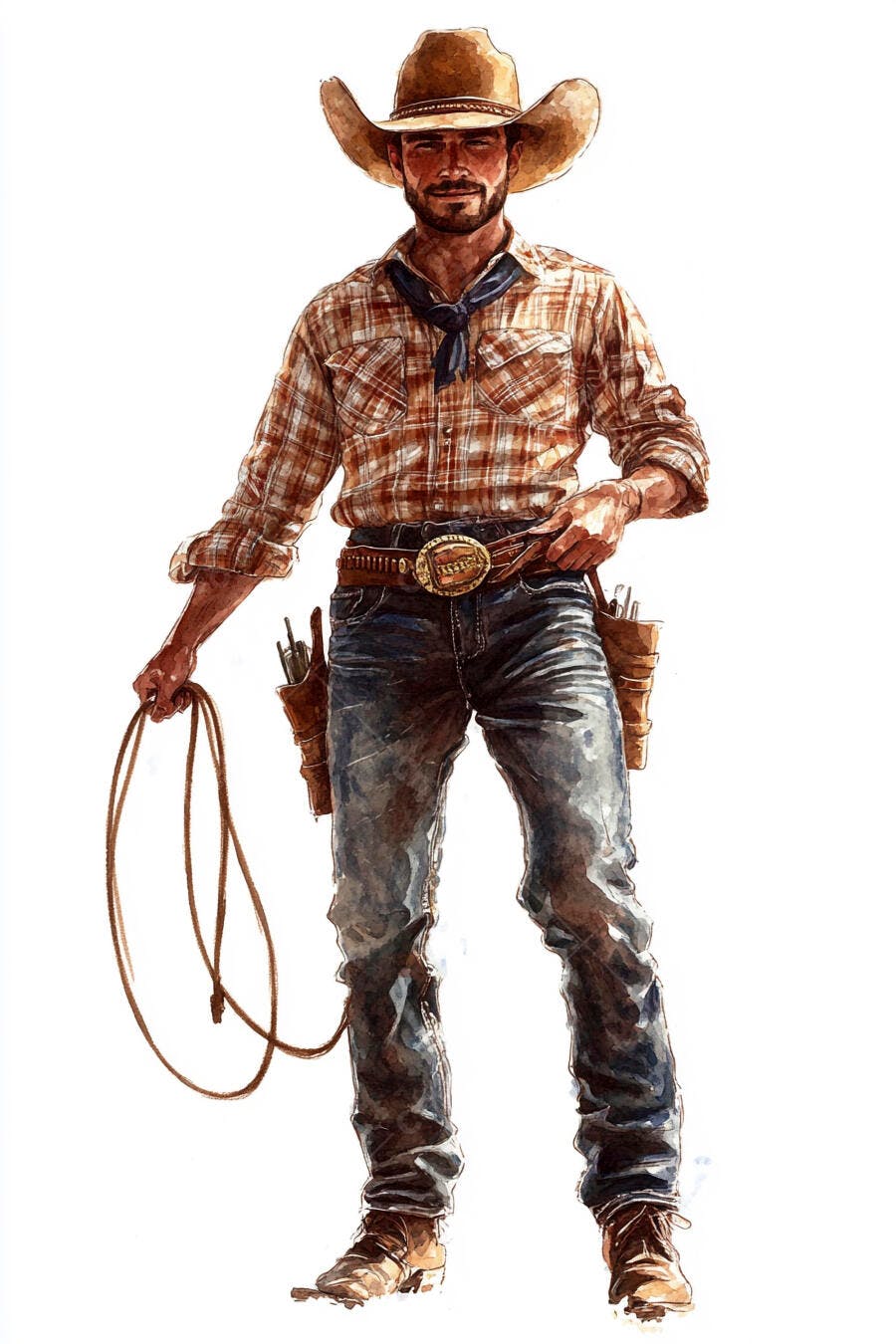 Cowboy barbudo sorrindo com chapéu e laço em camisa xadrez marrom
