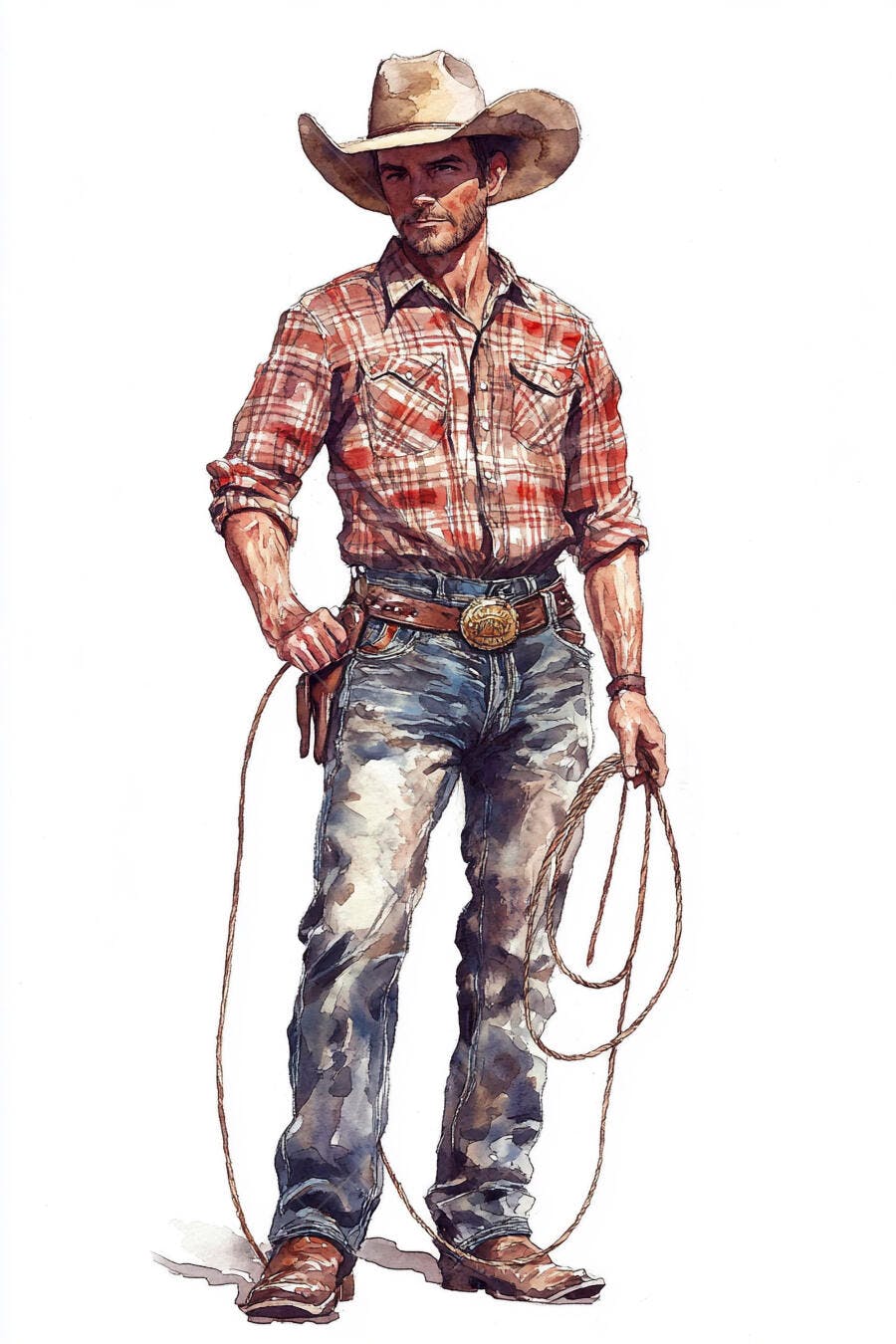 Cowboy homem chapéu marrom camisa xadrez vermelha jeans e laço