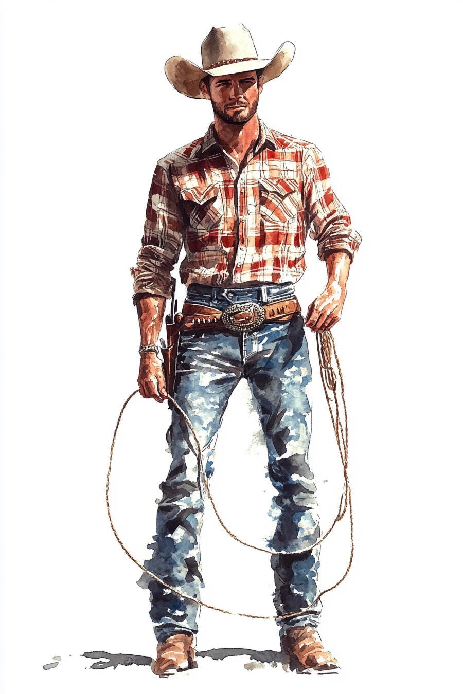 Cowboy caucasiano com chapéu e camisa xadrez vermelha segurando um laço