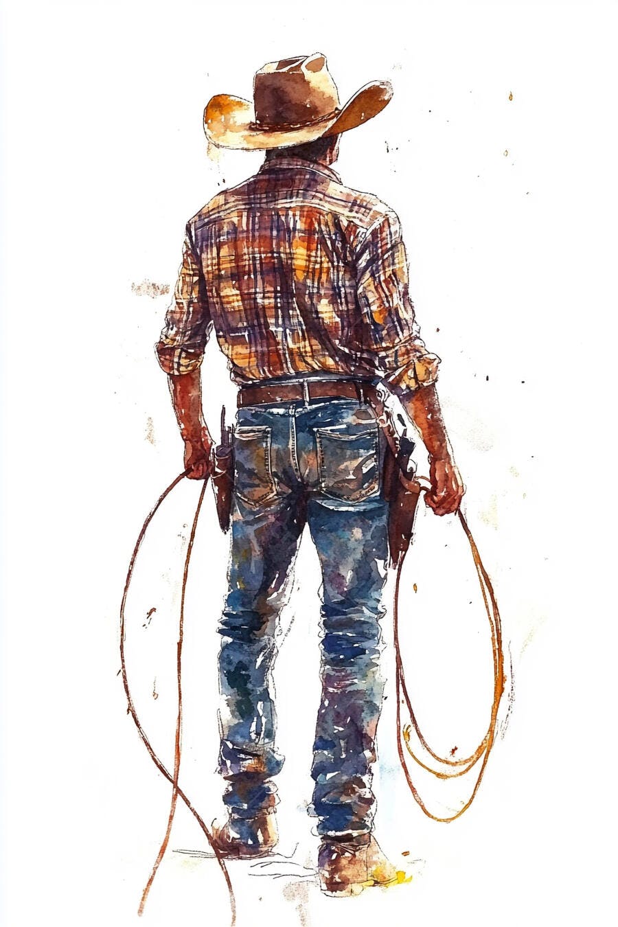 Cowboy com chapéu e laço em arte aquarela estilo faroeste