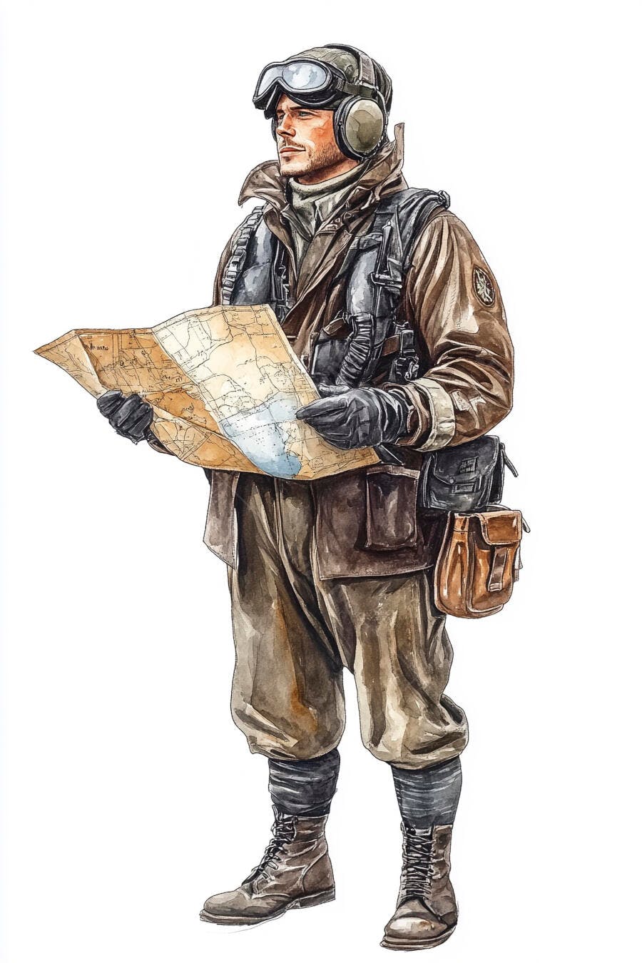 Piloto aviador europeu consultando mapa vintage em uniforme marrom