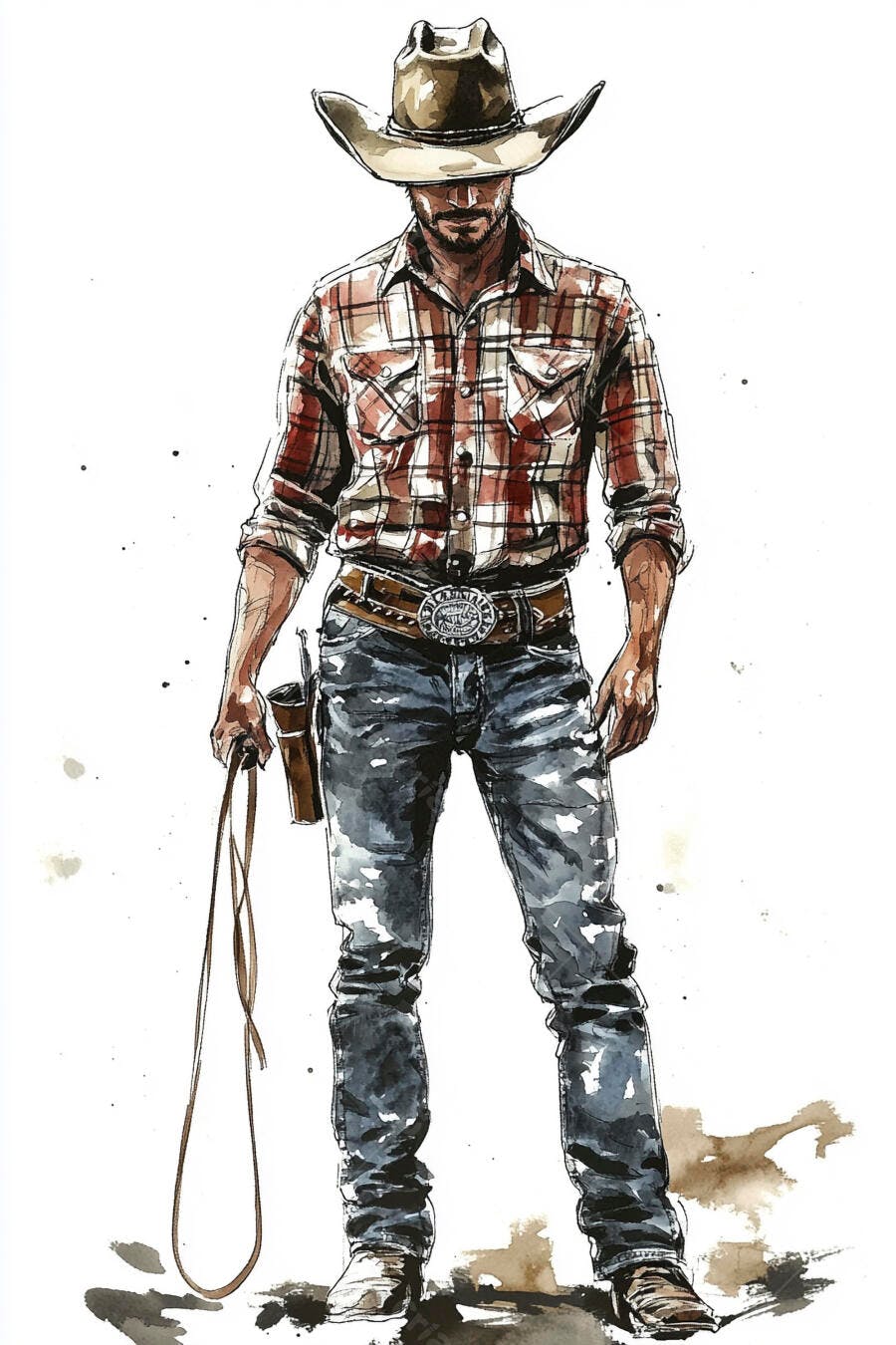 Homem cowboy ilustração com chapéu camisa xadrez vermelha e laço