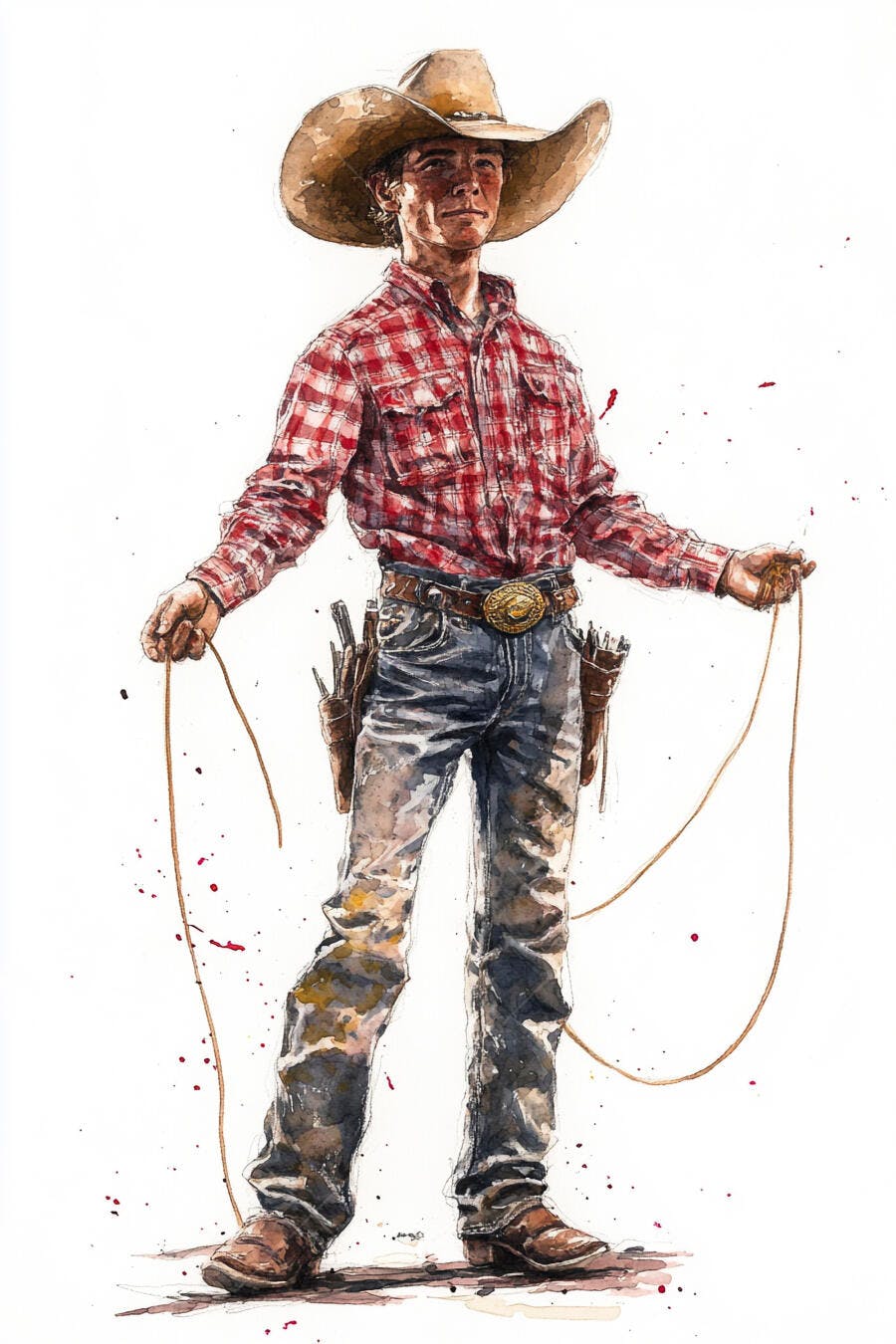 Cowboy caucasiano jovem com chapéu laço e camisa xadrez vermelha ilustração aquarela